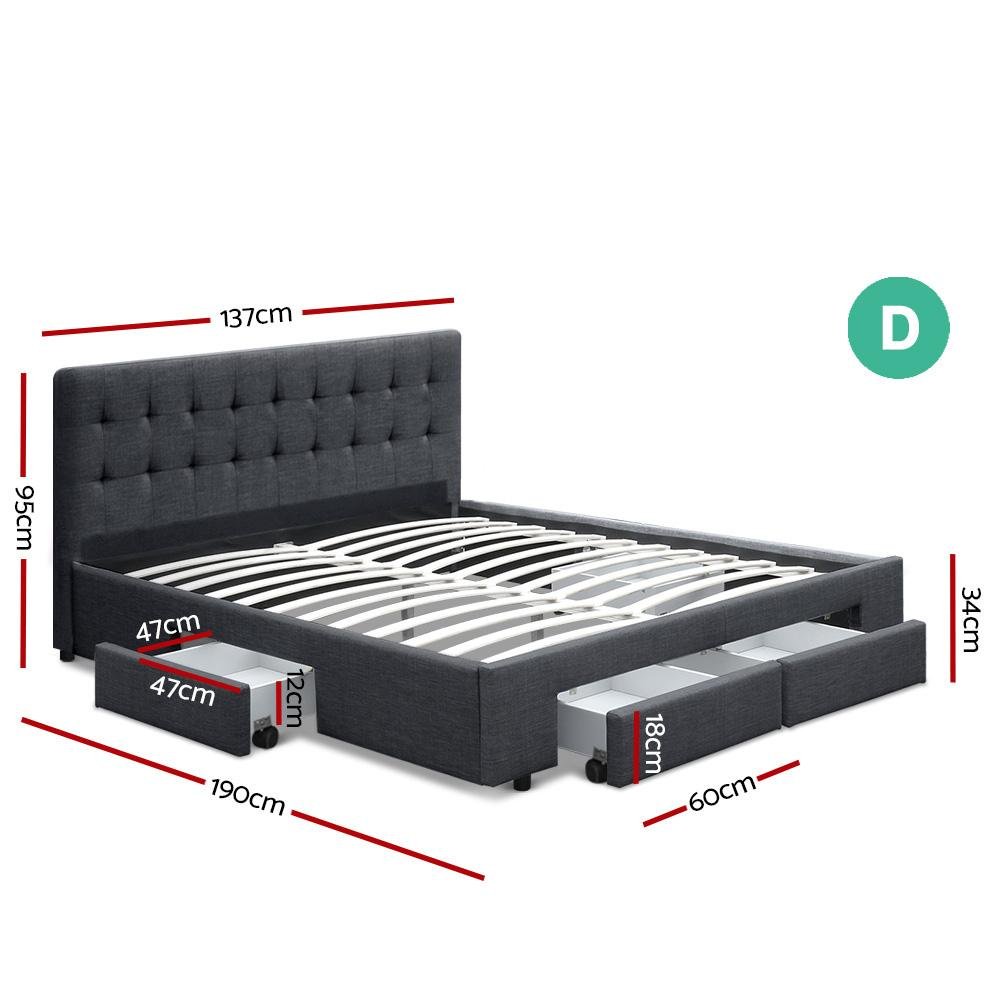 Double Size Fabric Bed Frame with Drawers - Charcoal | Factory to Home